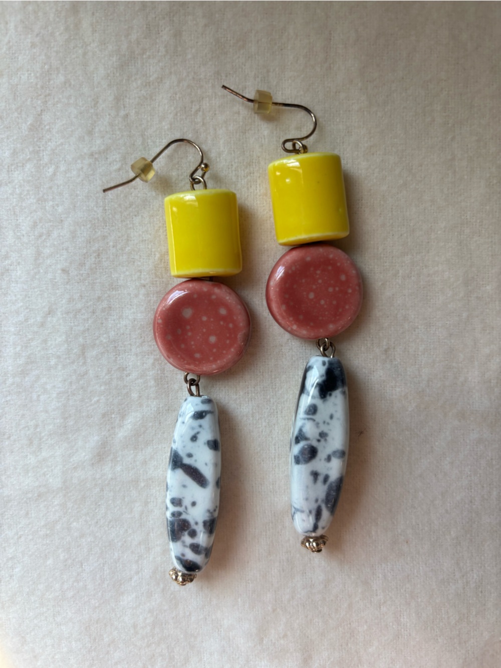 Anthropologie Yellow, Pink & Black Speckled Drop Earrings